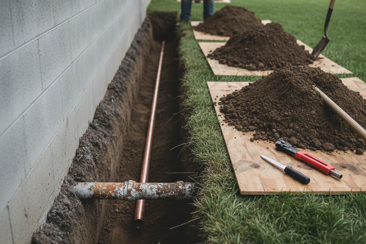 Excavated water line trench during Water Softener Installation in Atlantic